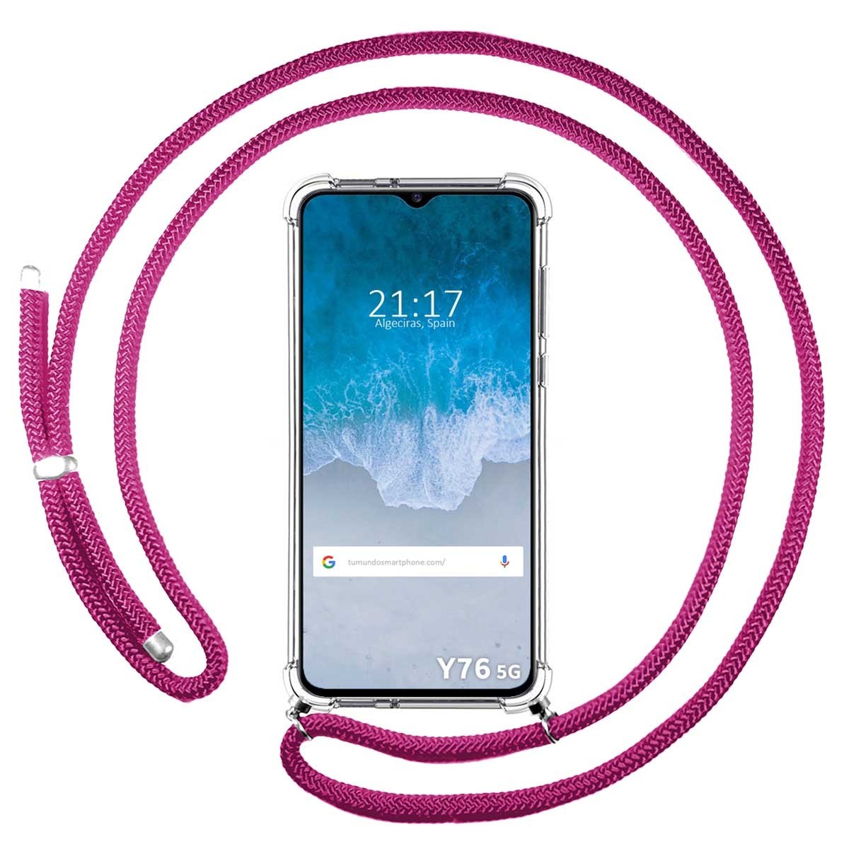 Funda Colgante Transparente para Vivo Y76 5G con Cordon Rosa Fucsia