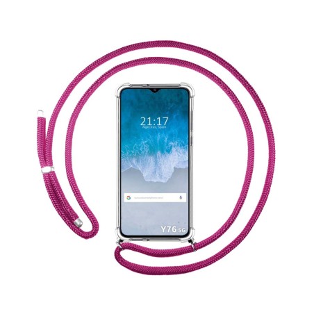Funda Colgante Transparente para Vivo Y76 5G con Cordon Rosa Fucsia