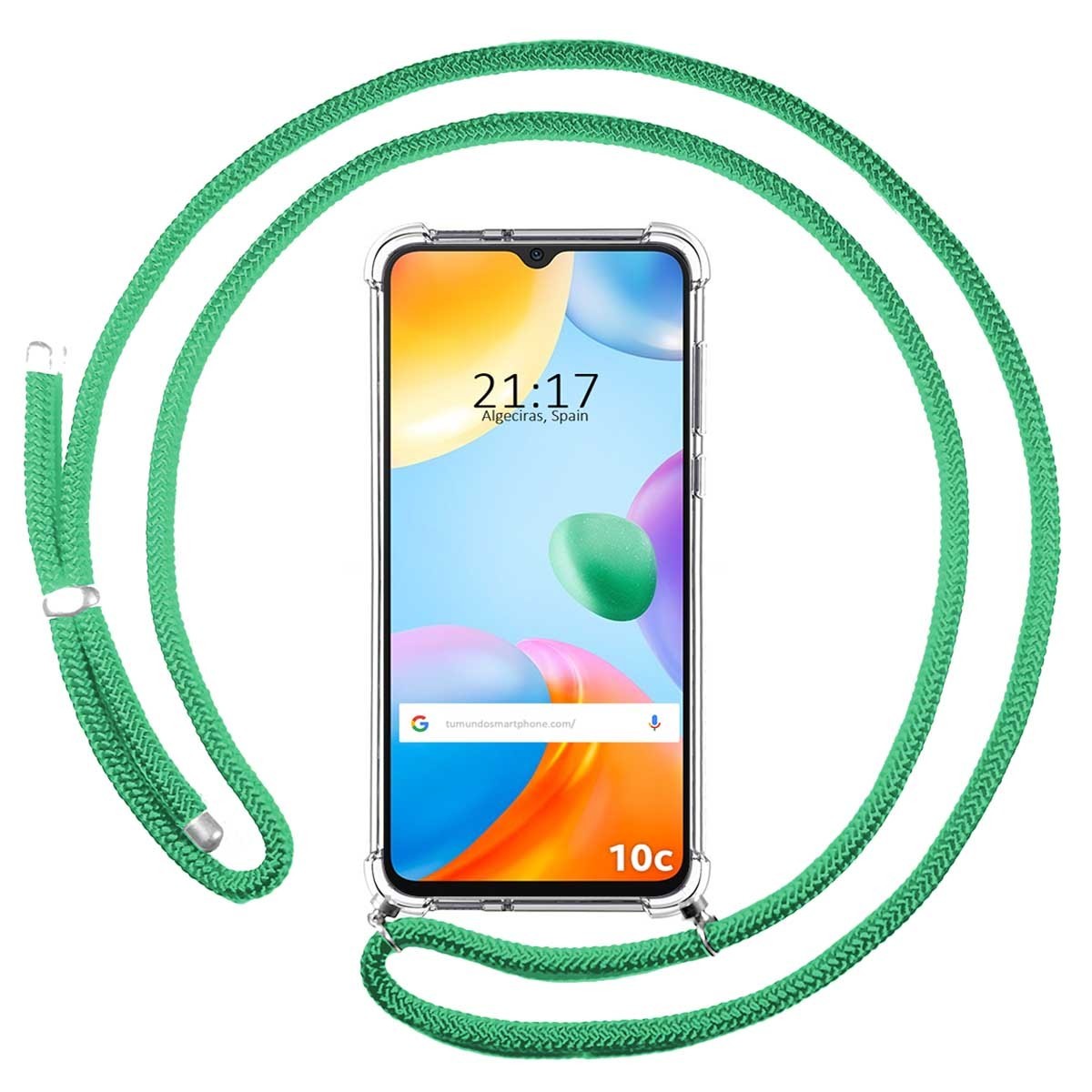 Funda Colgante Transparente para Xiaomi Redmi 10C con Cordon Verde Agua