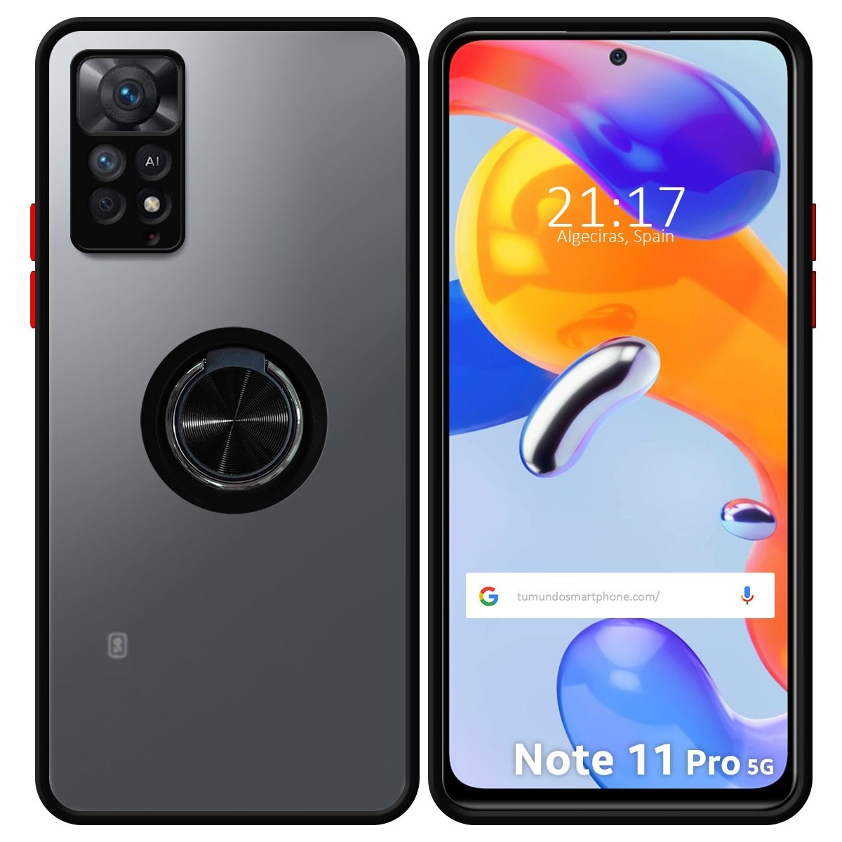 Funda Mate con Borde Negro y Anillo Giratorio 360 para Xiaomi Redmi Note 11 Pro+ Plus 5G