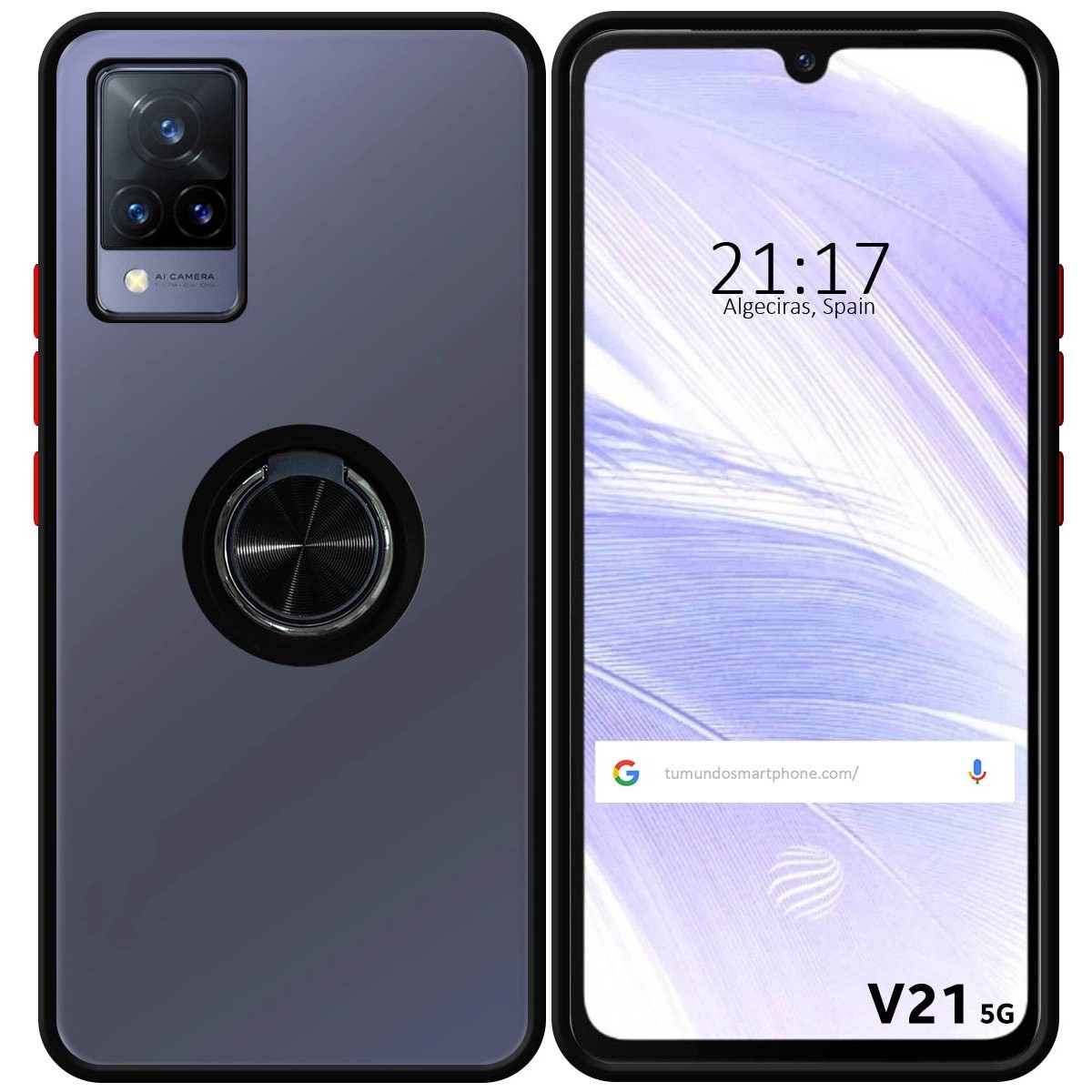 Funda Mate con Borde Negro y Anillo Giratorio 360 para Vivo V21 5G
