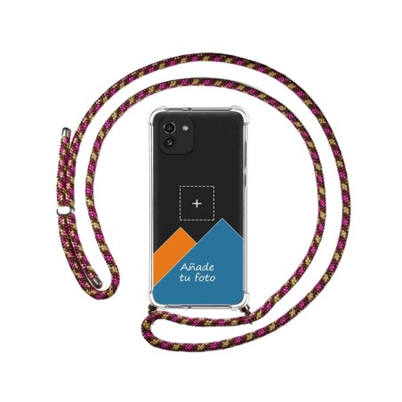 Personaliza tu Funda Colgante Transparente para Samsung Galaxy A03 con Cordon Rosa / Dorado Dibujo Personalizada