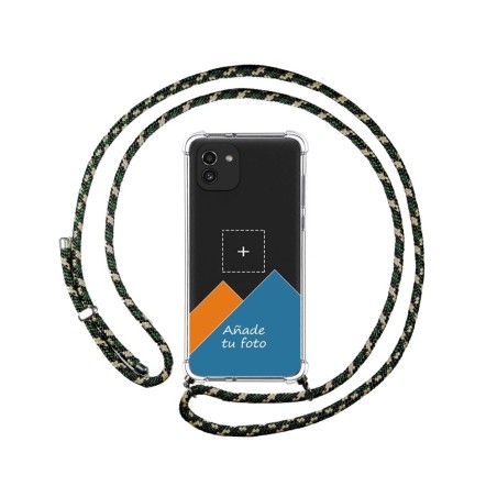 Personaliza tu Funda Colgante Transparente para Samsung Galaxy A03 con Cordon Verde / Dorado Dibujo Personalizada