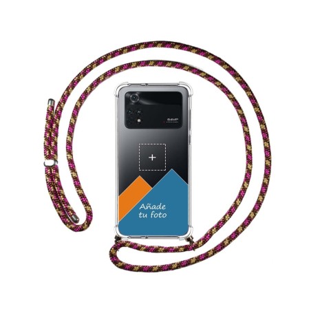 Personaliza tu Funda Colgante Transparente para Xiaomi POCO M4 Pro 4G con Cordon Rosa / Dorado Dibujo Personalizada