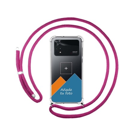 Personaliza tu Funda Colgante Transparente para Xiaomi POCO M4 Pro 4G con Cordon Rosa Fucsia Dibujo Personalizada