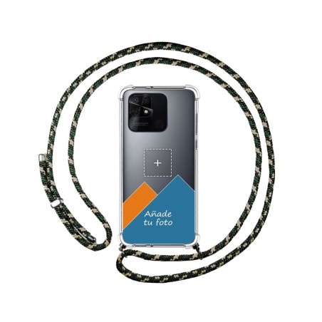 Personaliza tu Funda Colgante Transparente para Xiaomi Redmi 10C con Cordon Verde / Dorado Dibujo Personalizada