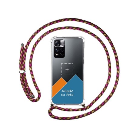 Personaliza tu Funda Colgante Transparente para Xiaomi Redmi Note 11 Pro+ Plus 5G con Cordon Rosa / Dorado Personalizada