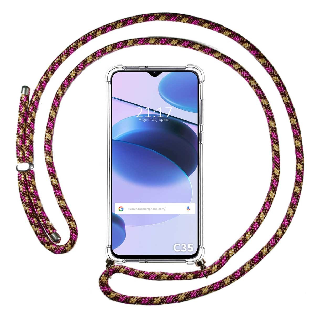 Funda Colgante Transparente para Realme C35 con Cordon Rosa / Dorado
