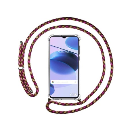 Funda Colgante Transparente para Realme C35 con Cordon Rosa / Dorado