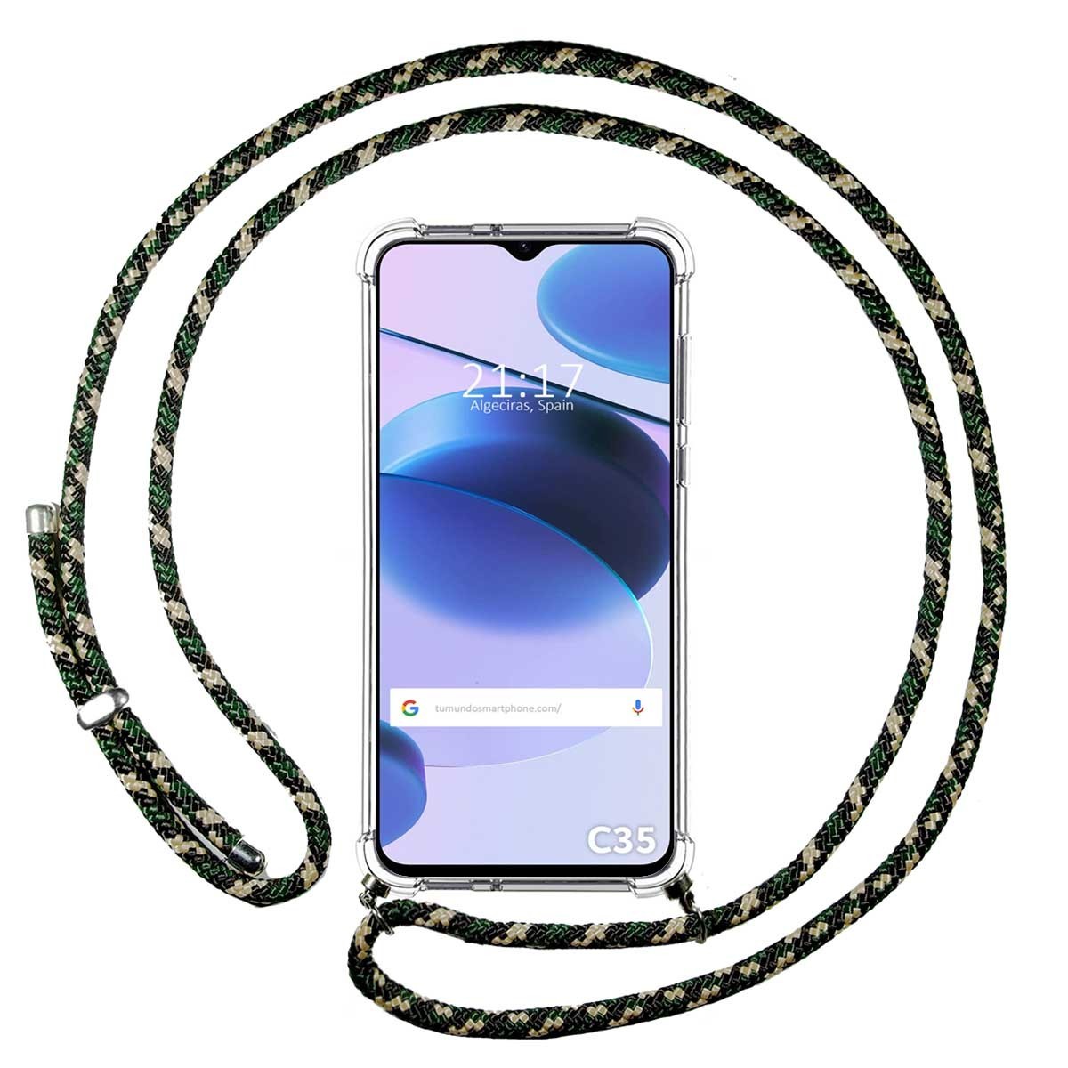 Funda Colgante Transparente para Realme C35 con Cordon Verde / Dorado