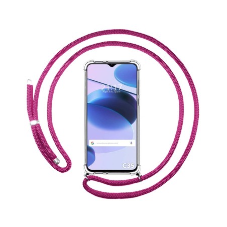 Funda Colgante Transparente para Realme C35 con Cordon Rosa Fucsia