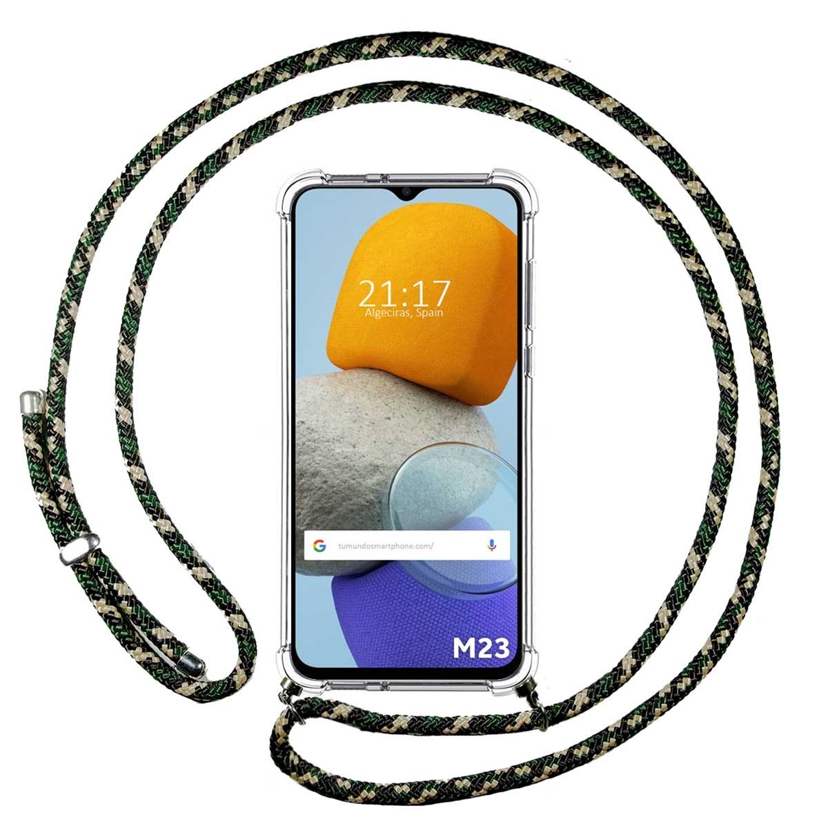 Funda Colgante Transparente para Samsung Galaxy M23 5G con Cordon Verde / Dorado