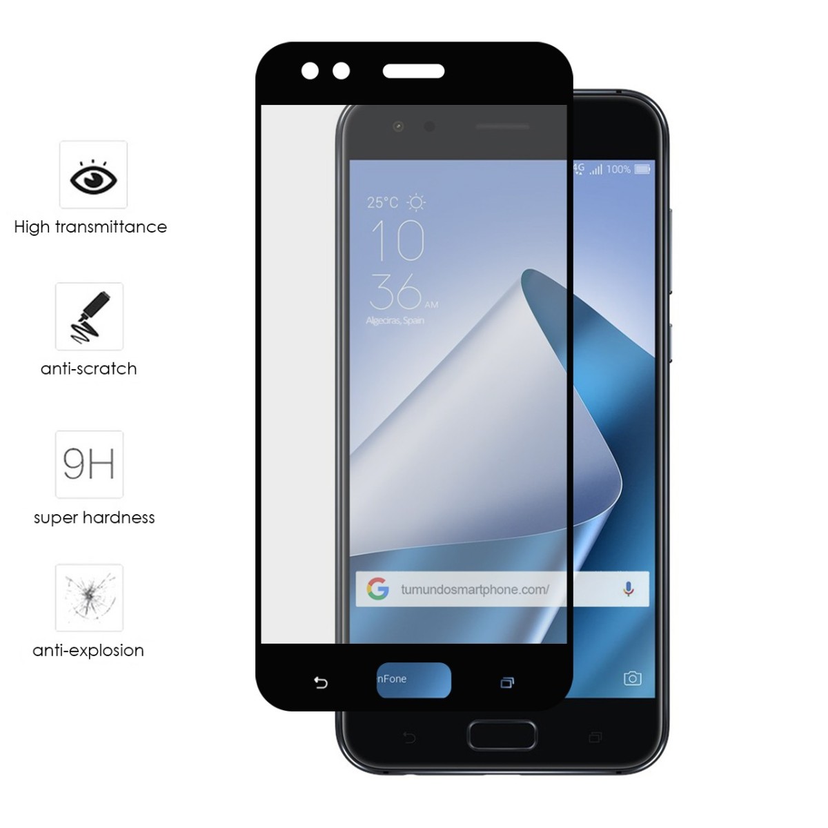 Protector Cristal Templado Frontal Completo Negro para Asus Zenfone 4 5.5" Ze554Kl Vidrio