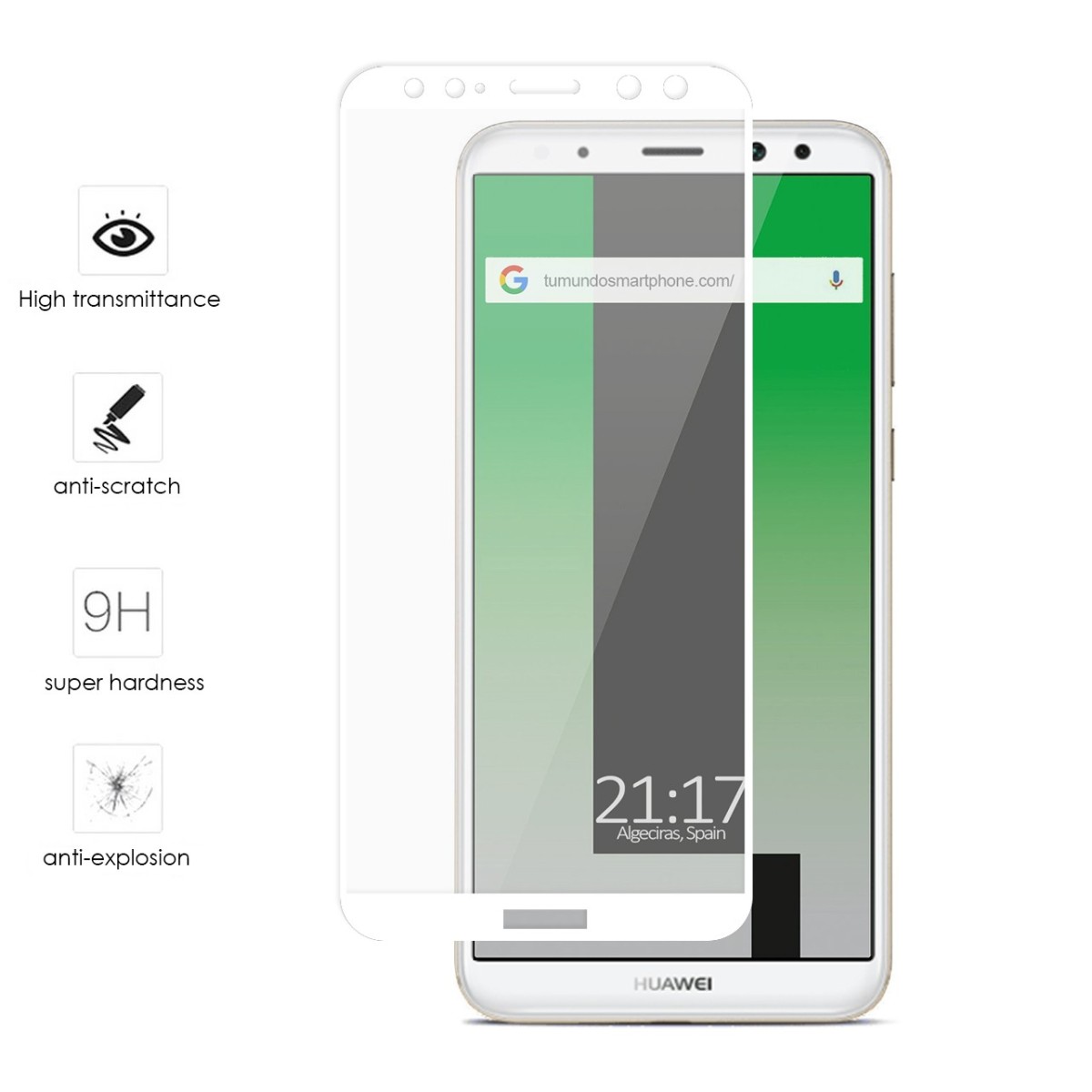 Protector Cristal Templado Frontal Completo Blanco para Huawei Mate 10 Lite  Vidrio