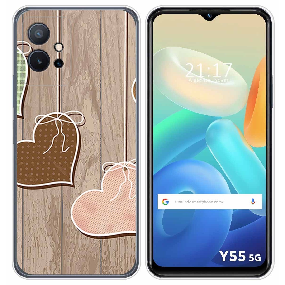 Funda Silicona para Vivo Y55 5G diseño Corazones Madera Dibujos