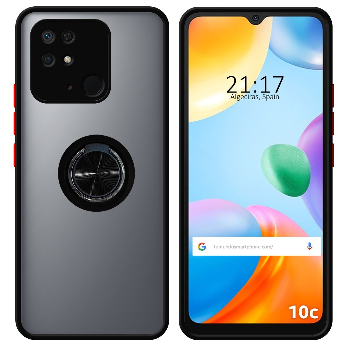 Funda Mate con Borde Negro y Anillo Giratorio 360 para Xiaomi Redmi 10C