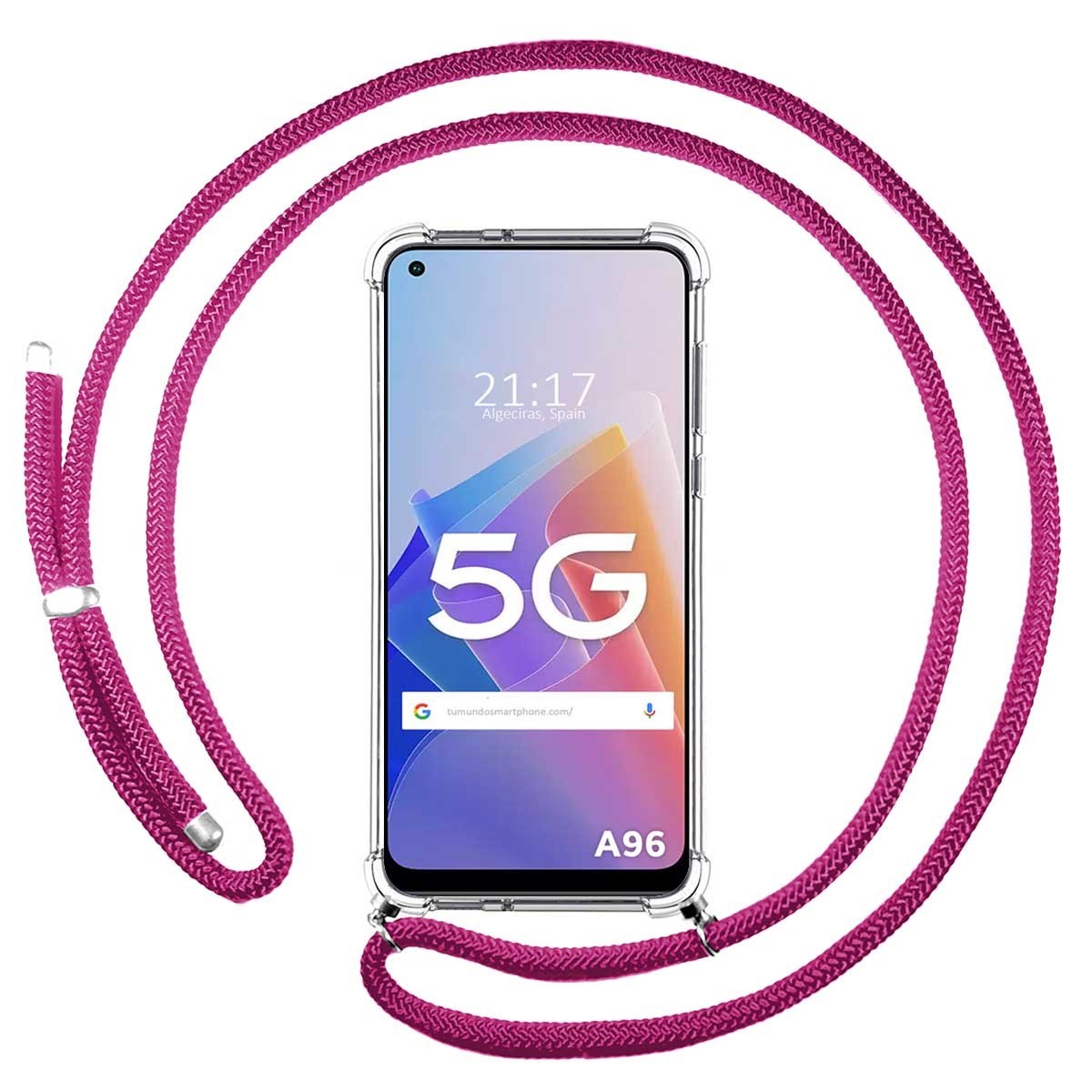 Funda Colgante Transparente para Oppo A96 5G con Cordon Rosa Fucsia