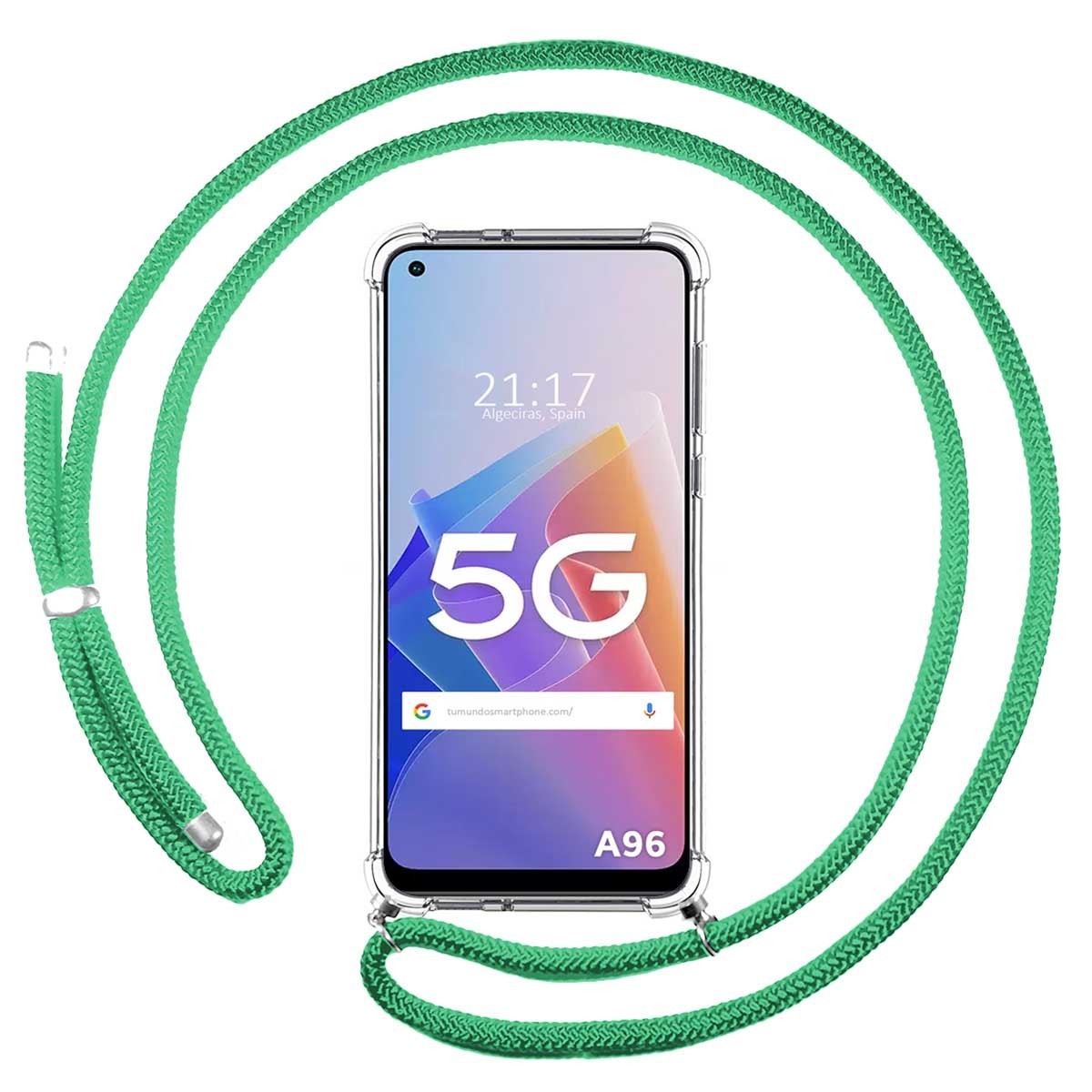 Funda Colgante Transparente para Oppo A96 5G con Cordon Verde Agua