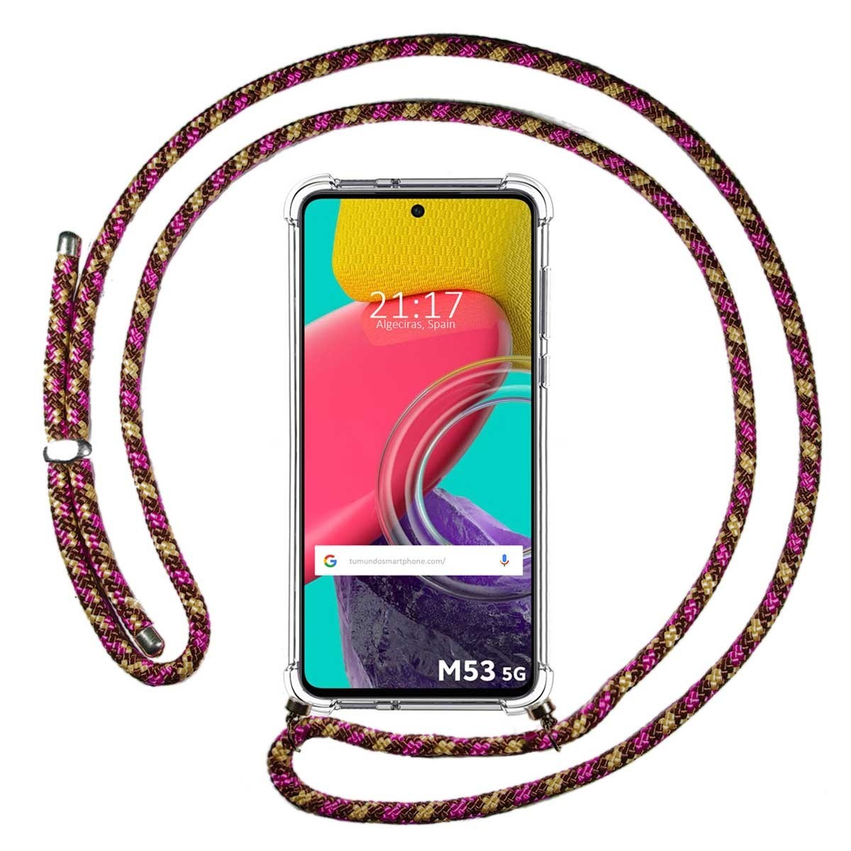 Funda Colgante Transparente para Samsung Galaxy M53 5G con Cordon Rosa / Dorado
