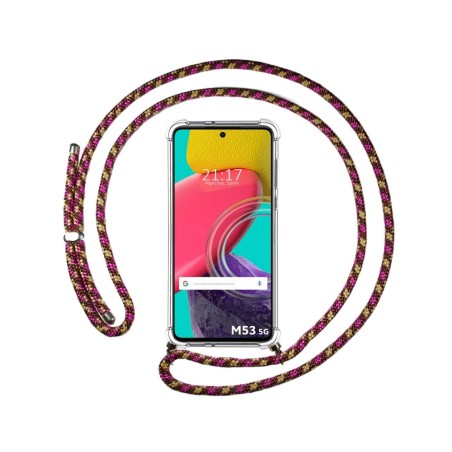Funda Colgante Transparente para Samsung Galaxy M53 5G con Cordon Rosa / Dorado