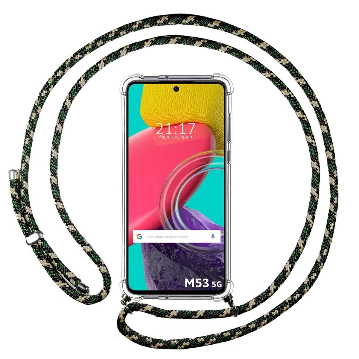 Funda Colgante Transparente para Samsung Galaxy M53 5G con Cordon Verde / Dorado