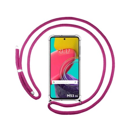 Funda Colgante Transparente para Samsung Galaxy M53 5G con Cordon Rosa Fucsia