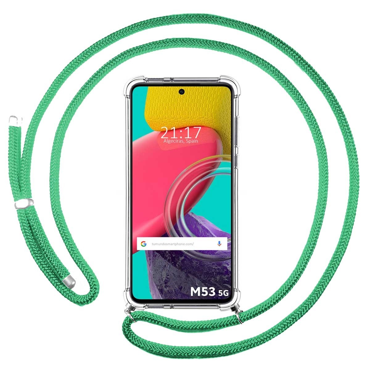 Funda Colgante Transparente para Samsung Galaxy M53 5G con Cordon Verde Agua