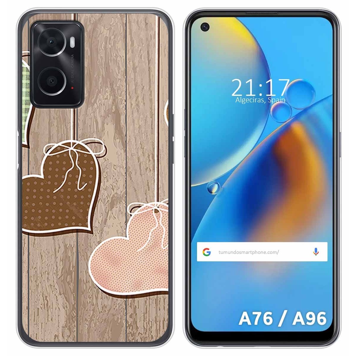 Funda Silicona para Oppo A76 / A96 diseño Corazones Madera Dibujos