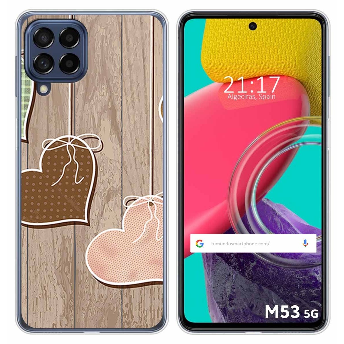 Funda Silicona para Samsung Galaxy M53 5G diseño Corazones Madera Dibujos