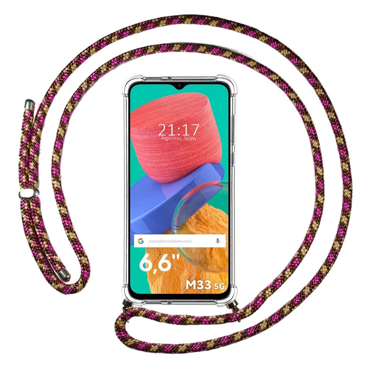 Funda Colgante Transparente para Samsung Galaxy M33 5G con Cordon Rosa / Dorado