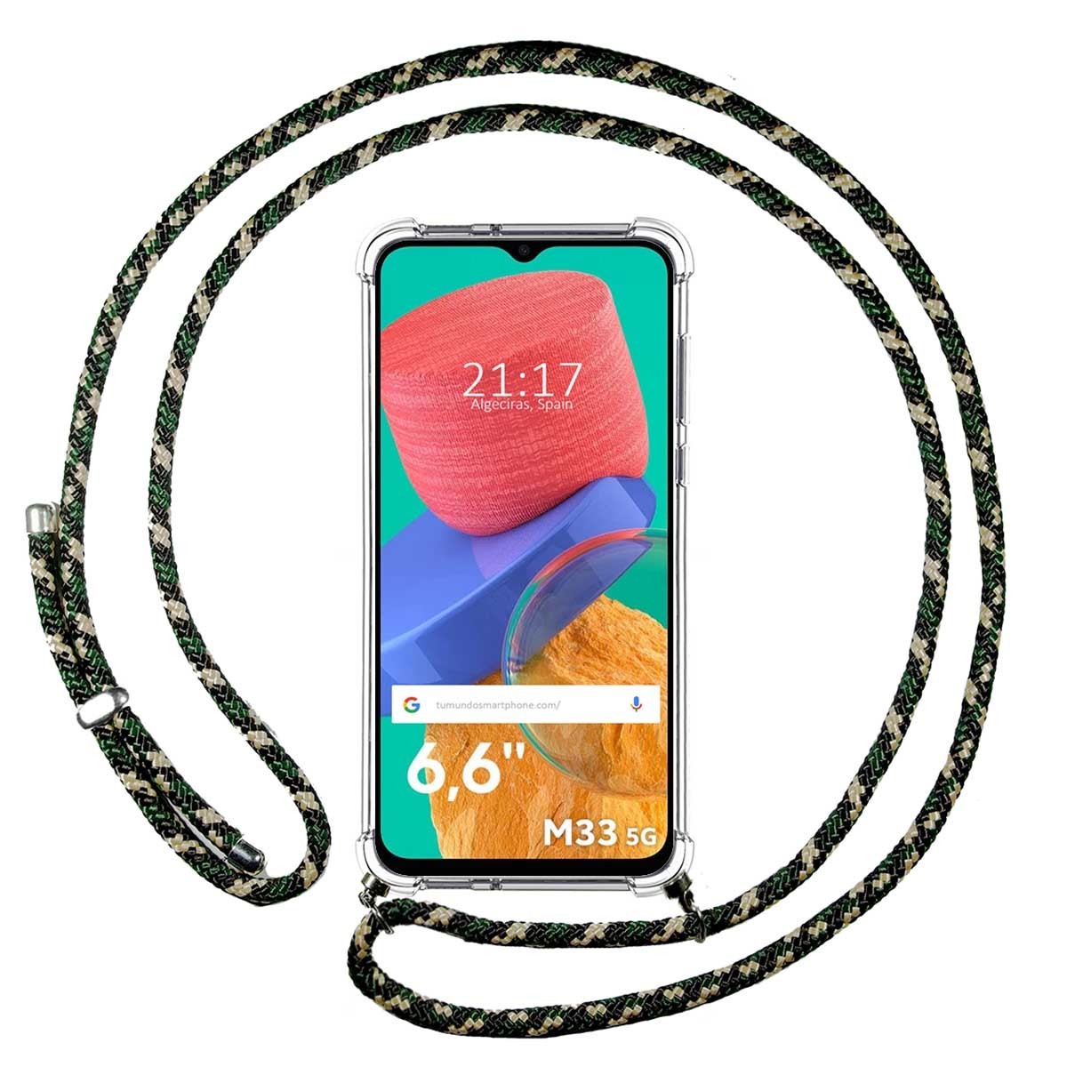 Funda Colgante Transparente para Samsung Galaxy M33 5G con Cordon Verde / Dorado