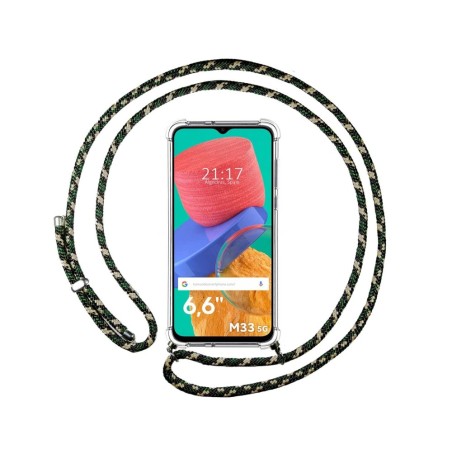 Funda Colgante Transparente para Samsung Galaxy M33 5G con Cordon Verde / Dorado
