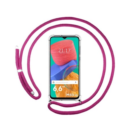 Funda Colgante Transparente para Samsung Galaxy M33 5G con Cordon Rosa Fucsia