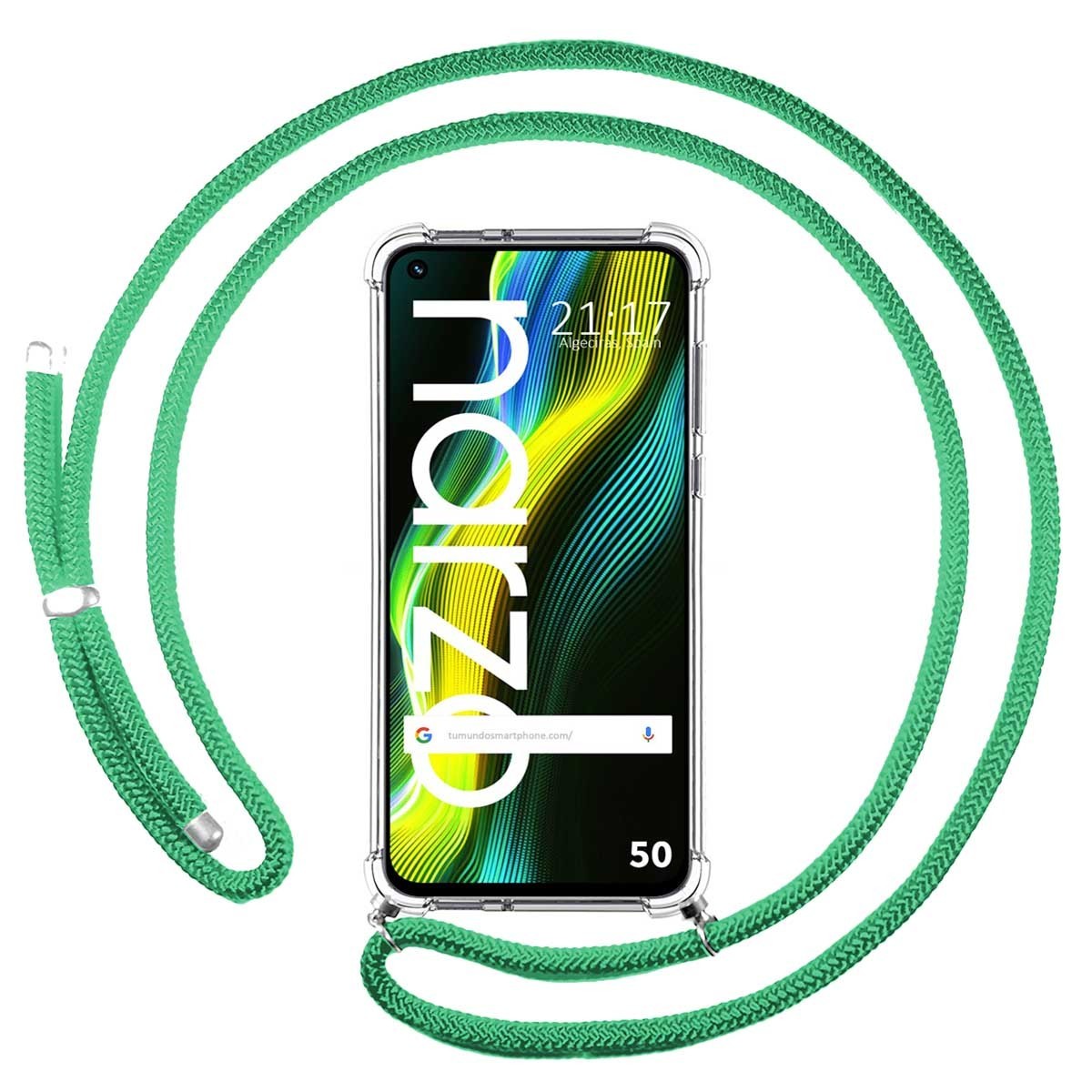 Funda Colgante Transparente para Realme Narzo 50 con Cordon Verde Agua