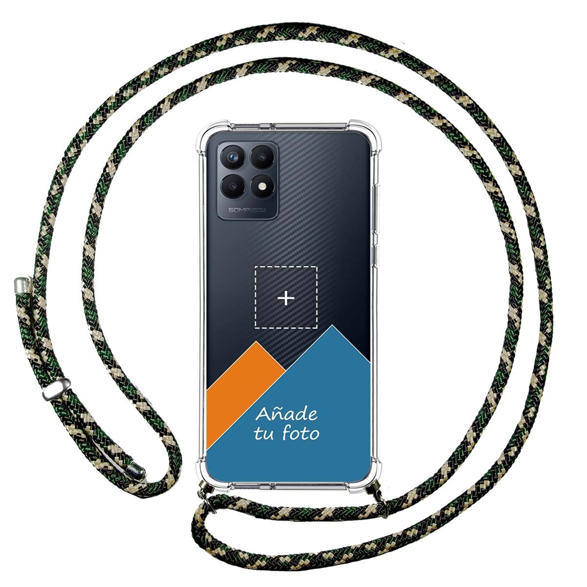 Personaliza tu Funda Colgante Transparente para Realme Narzo 50 con Cordon Verde/Dorado Dibujo Personalizada