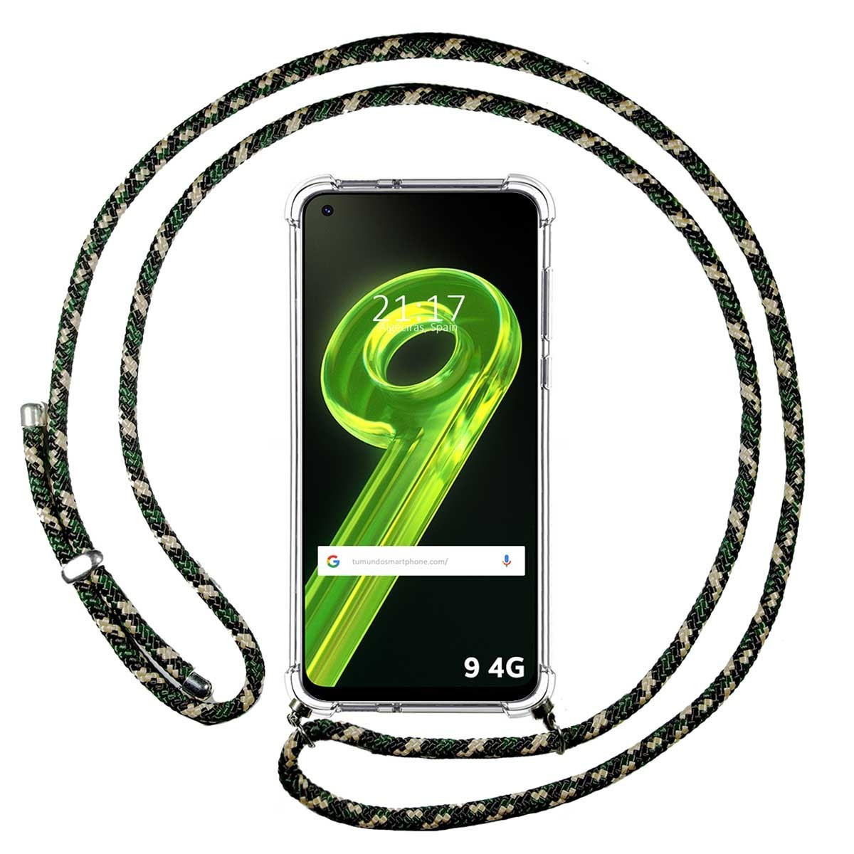 Funda Colgante Transparente para Realme 9 4G con Cordon Verde/Dorado