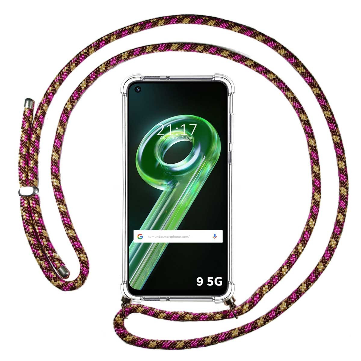 Funda Colgante Transparente para Realme 9 5G con Cordon Rosa/Dorado