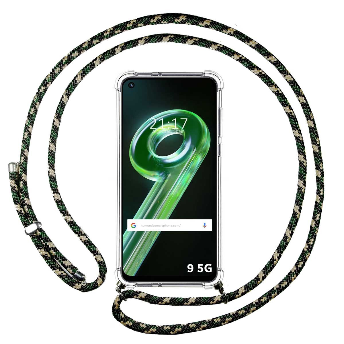 Funda Colgante Transparente para Realme 9 5G con Cordon Verde/Dorado