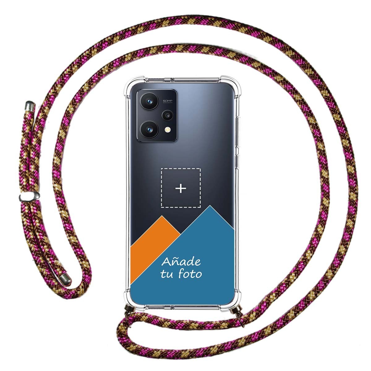 Personaliza tu Funda Colgante Transparente para Realme 9 5G con Cordon Rosa/Dorado Dibujo Personalizada