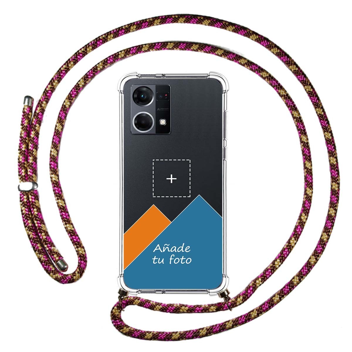 Personaliza tu Funda Colgante Transparente para Oppo Reno 7 4G con Cordon Rosa / Dorado Dibujo Personalizada