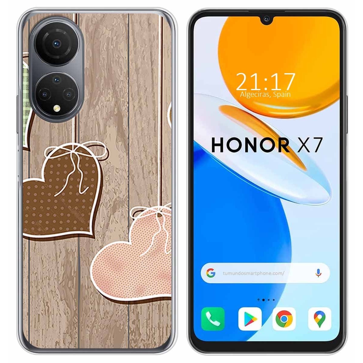 Funda Silicona para Huawei Honor X7 diseño Corazones Madera Dibujos