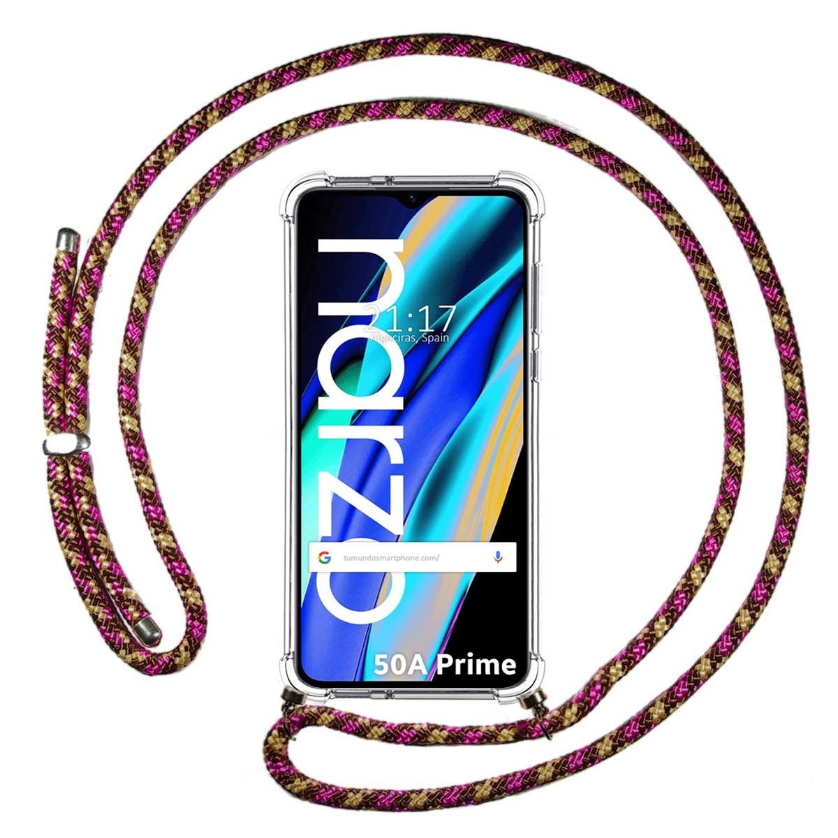 Funda Colgante Transparente para Realme Narzo 50A Prime con Cordon Rosa / Dorado