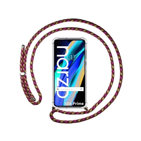 Funda Colgante Transparente para Realme Narzo 50A Prime con Cordon Rosa / Dorado