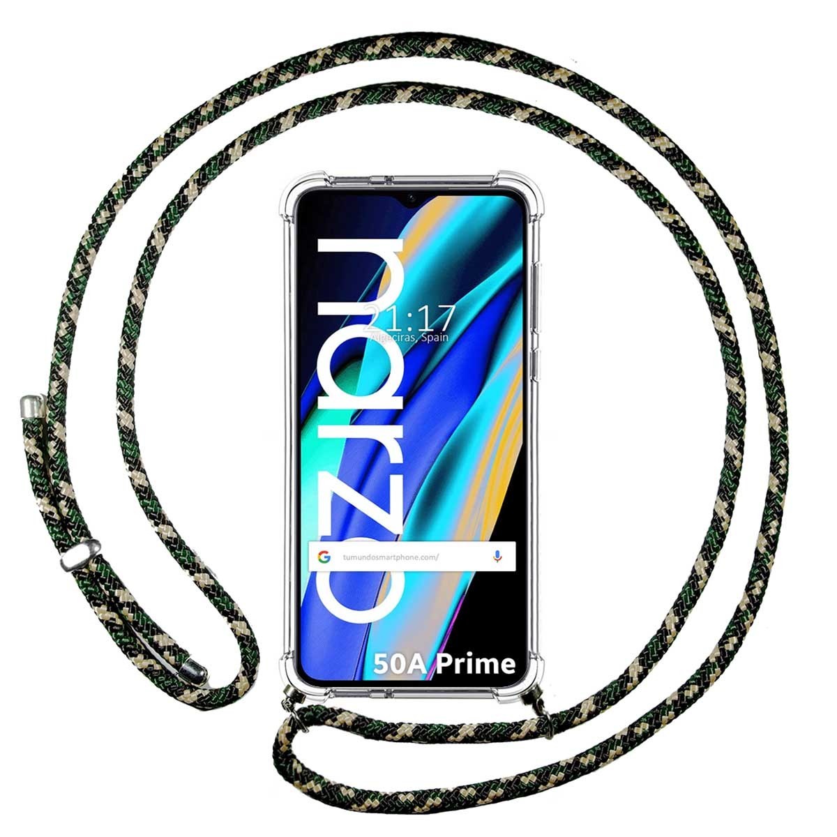 Funda Colgante Transparente para Realme Narzo 50A Prime con Cordon Verde / Dorado