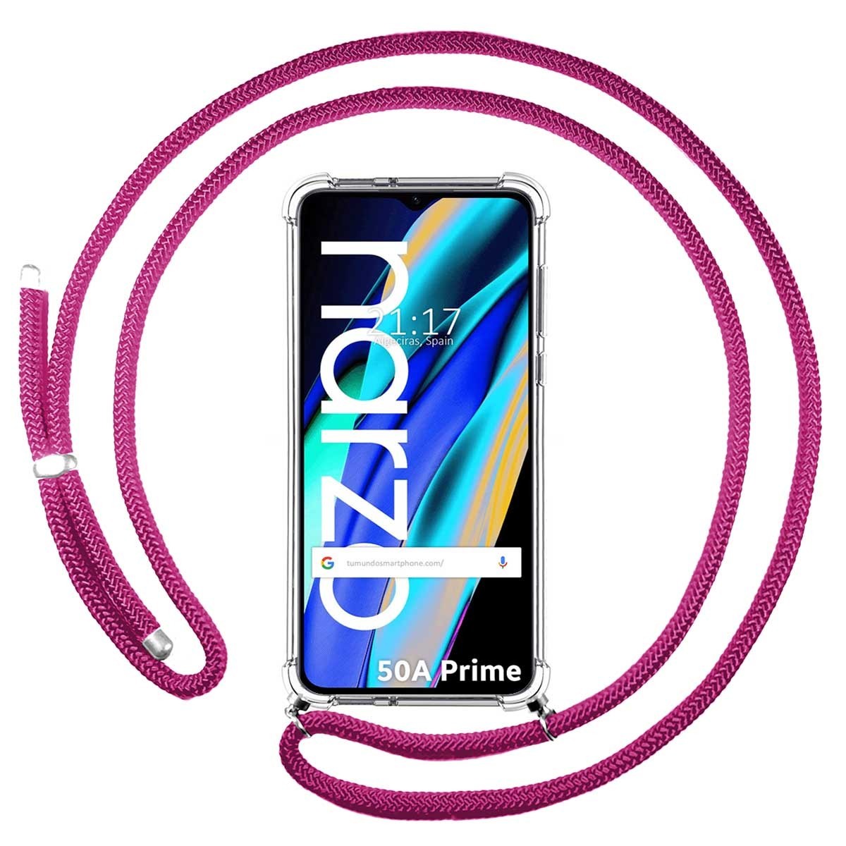 Funda Colgante Transparente para Realme Narzo 50A Prime con Cordon Rosa Fucsia
