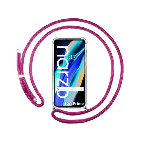 Funda Colgante Transparente para Realme Narzo 50A Prime con Cordon Rosa Fucsia