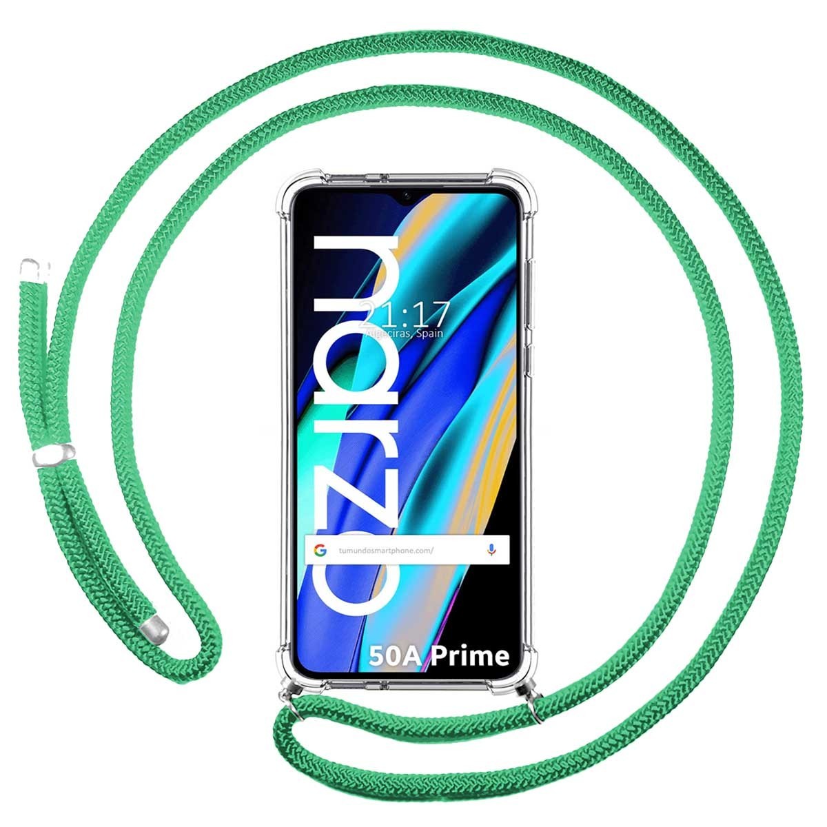 Funda Colgante Transparente para Realme Narzo 50A Prime con Cordon Verde Agua