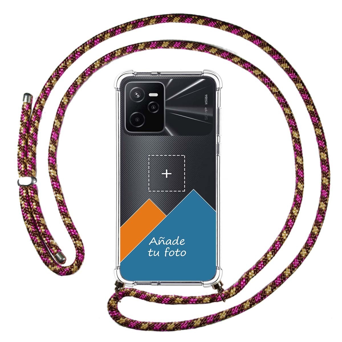 Personaliza tu Funda Colgante Transparente para Realme Narzo 50A Prime con Cordon Rosa / Dorado Dibujo Personalizada