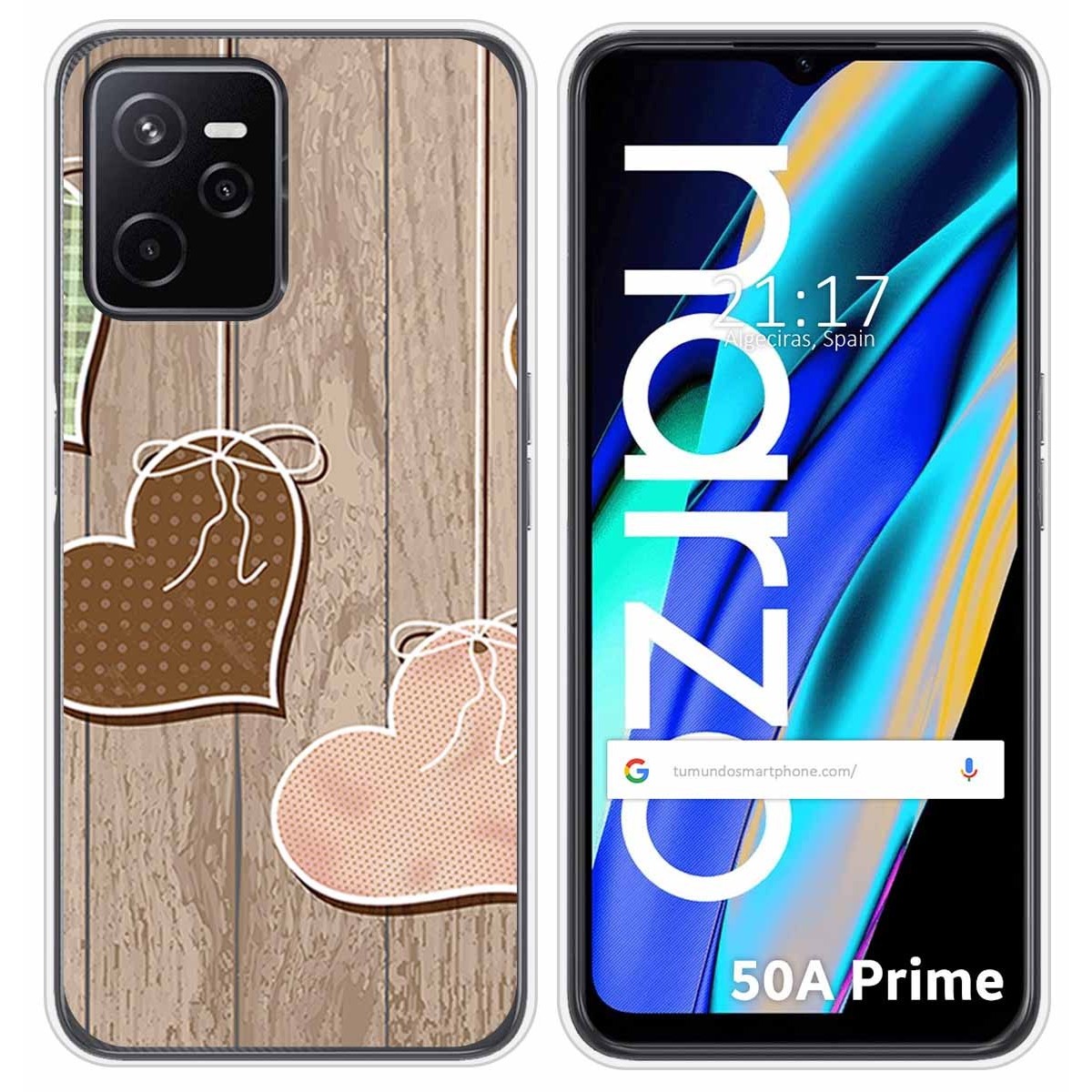 Funda Silicona para Realme Narzo 50A Prime diseño Corazones Madera Dibujos