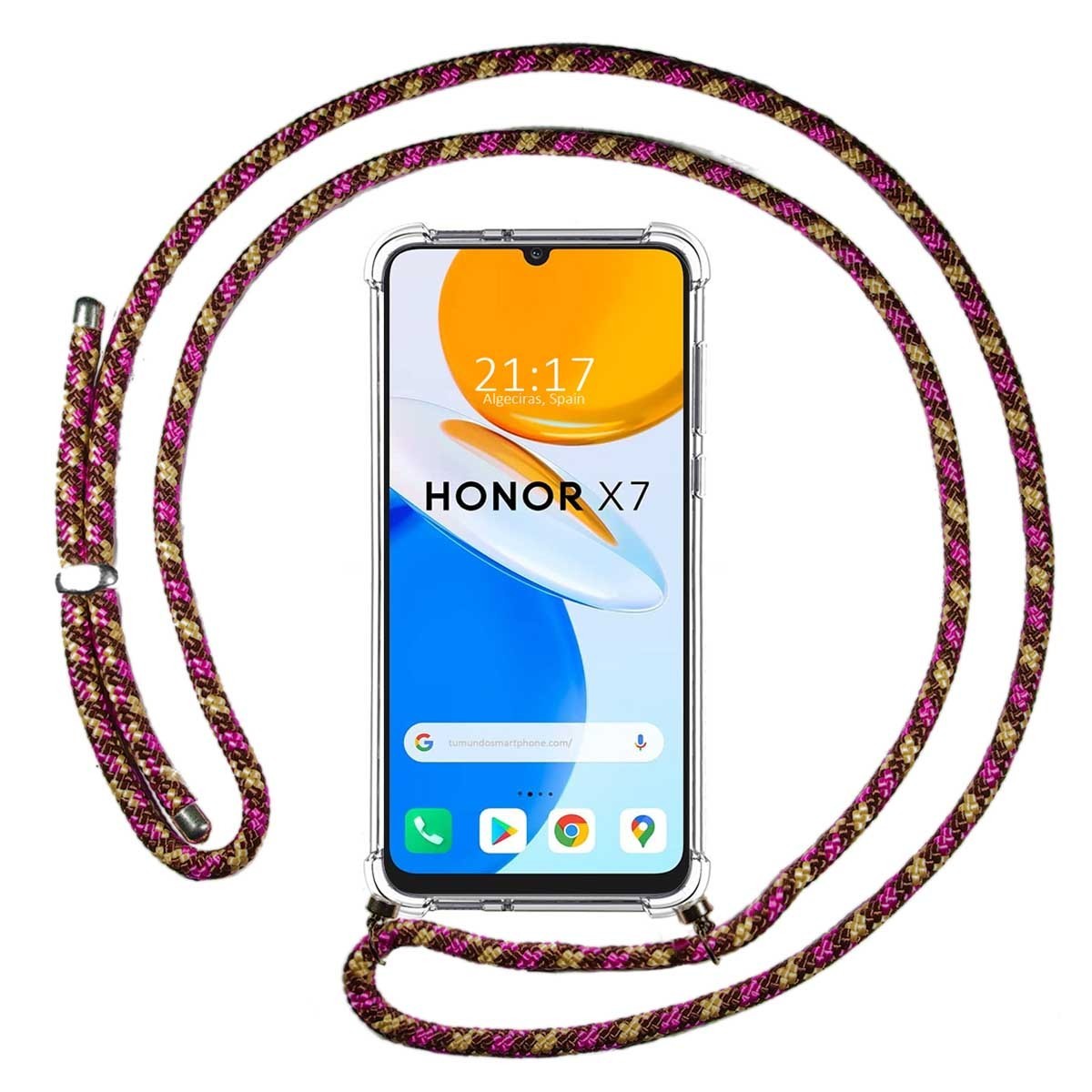 Funda Colgante Transparente para Huawei Honor X7 con Cordon Rosa / Dorado